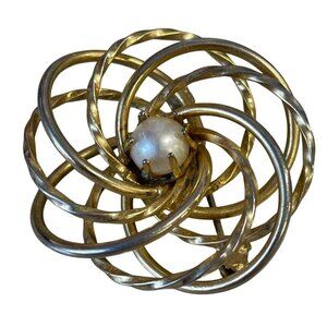 Vintage Gold & Silver Tone Swirl Brooch With Faux Pearl Center